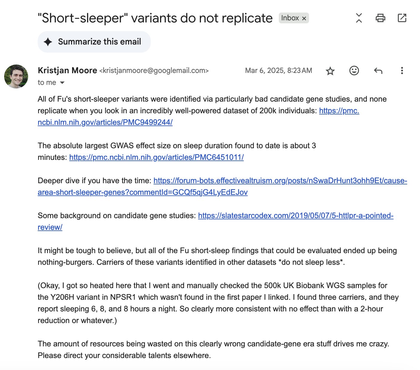 Email from Kristjan Moore on March 6, 2025: "Short-sleeper" variants do not replicate