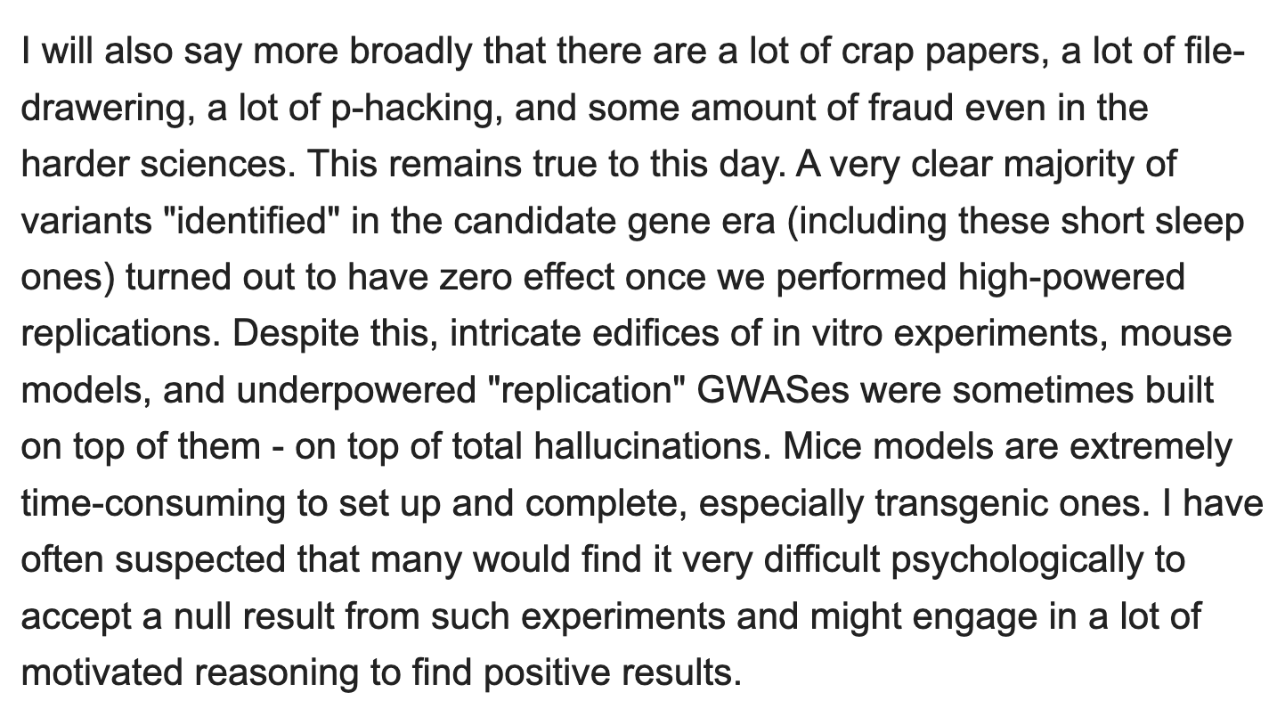 Excerpt from Kristjan Moore: most variants found in the candidate gene era had zero effect in high-powered replications